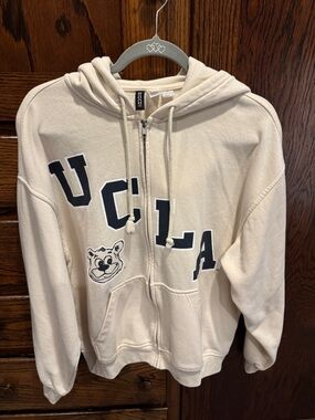 Cream UCLA Full-Zip Hoodie with Mascot Graphic